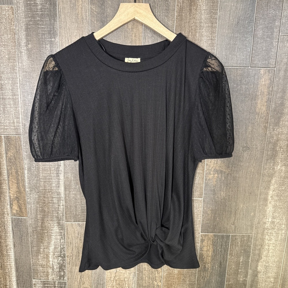 Lily White Women's Black Blouse Sheer Puff Sleeve Knot Hem Top‎ Size M